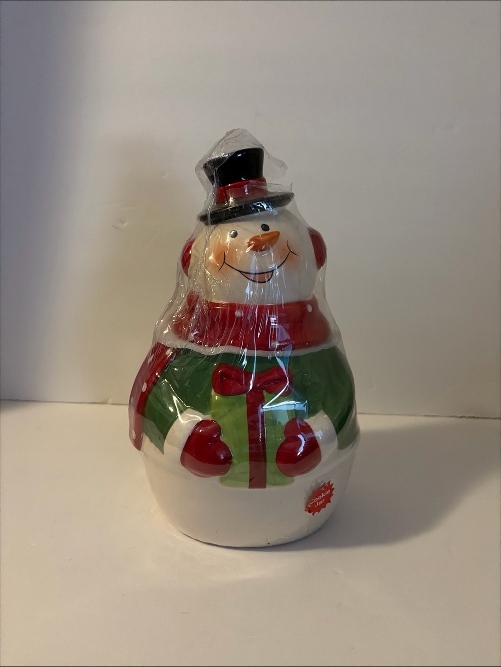 festive ceramic red and white snowman cookie jar Christmas Canister NEW